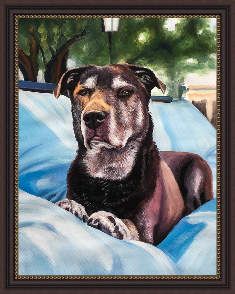 Black-and-tan mixed-breed dog on a blue blanket, watercolor pet portrait